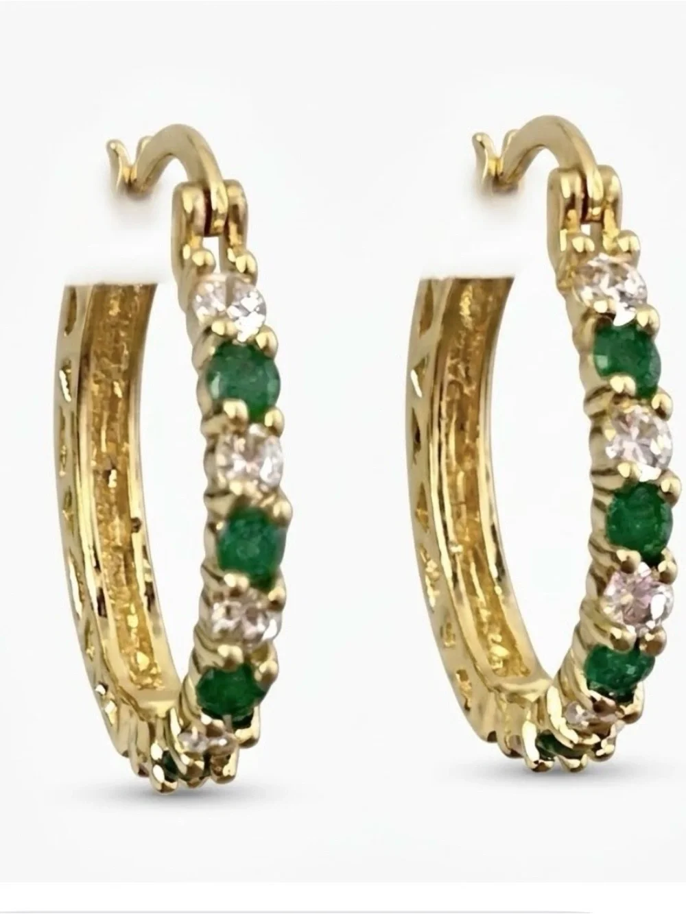 Emerald Green and White CZs in Gold Tone Hoop Earrings